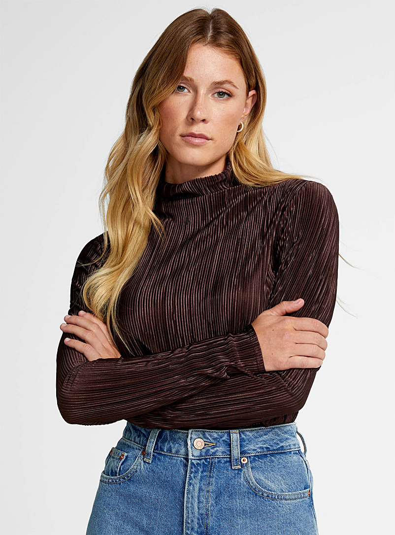 Icône Brown Pleated jersey mock-neck T-shirt for women