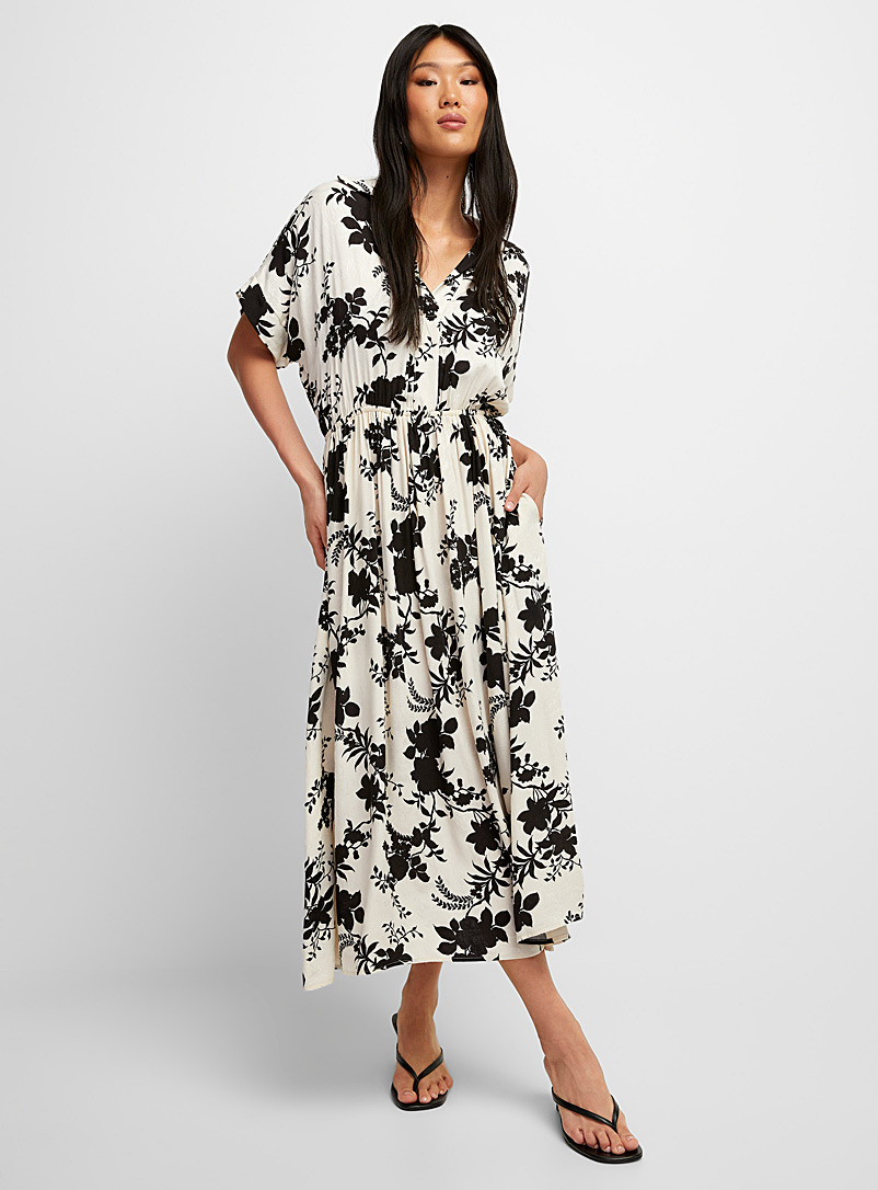 Icône Black and White Floral jacquard Johnny-collar midi dress for women