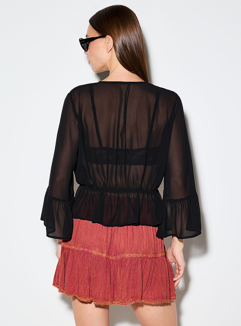 Ic&ocirc;ne: La blouse chiffon diaphane &agrave; nouer manches cloche Noir pour femme