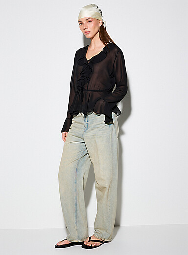 Tie-front and ruffled-edge sheer chiffon blouse