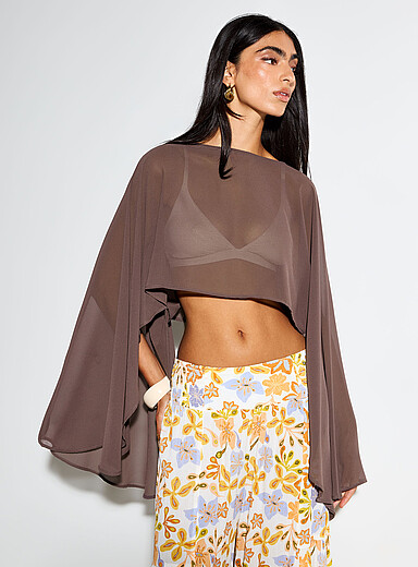 Ic&ocirc;ne Brown Draped sleeves sheer chiffon poncho for women