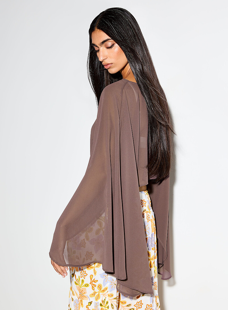 Ic&ocirc;ne Brown Sheer cape-sleeve chiffon poncho for women
