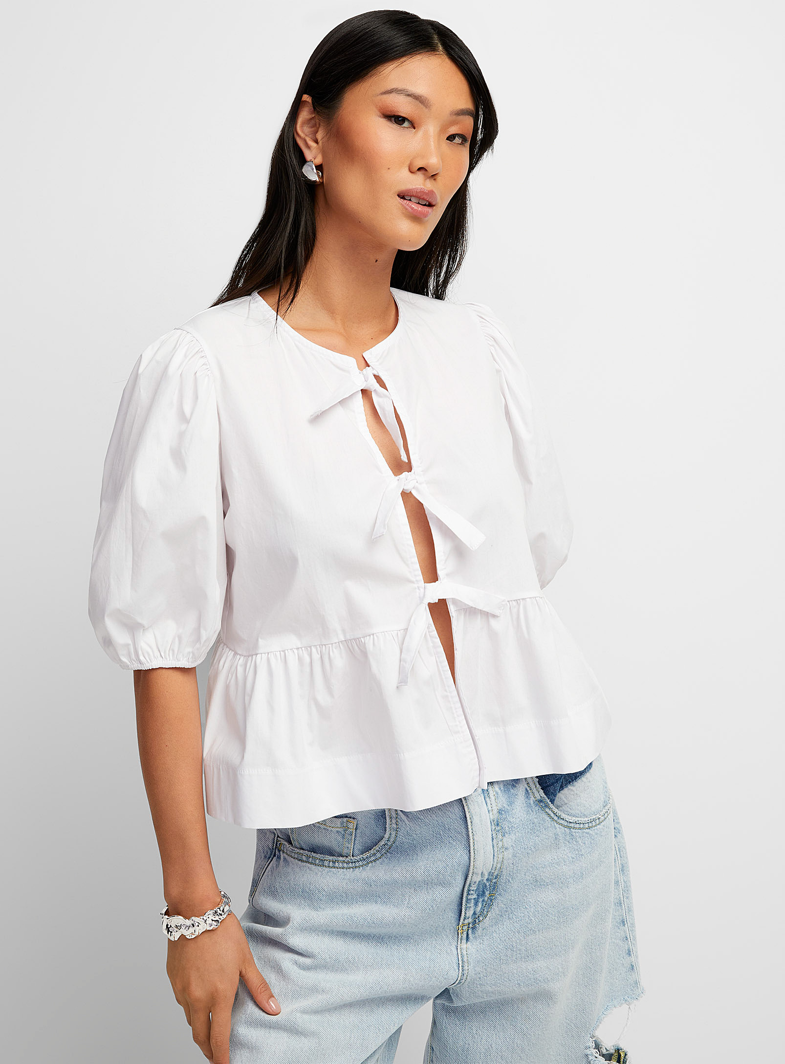 Icône - Women's Tie ribbons puff-sleeve blouse