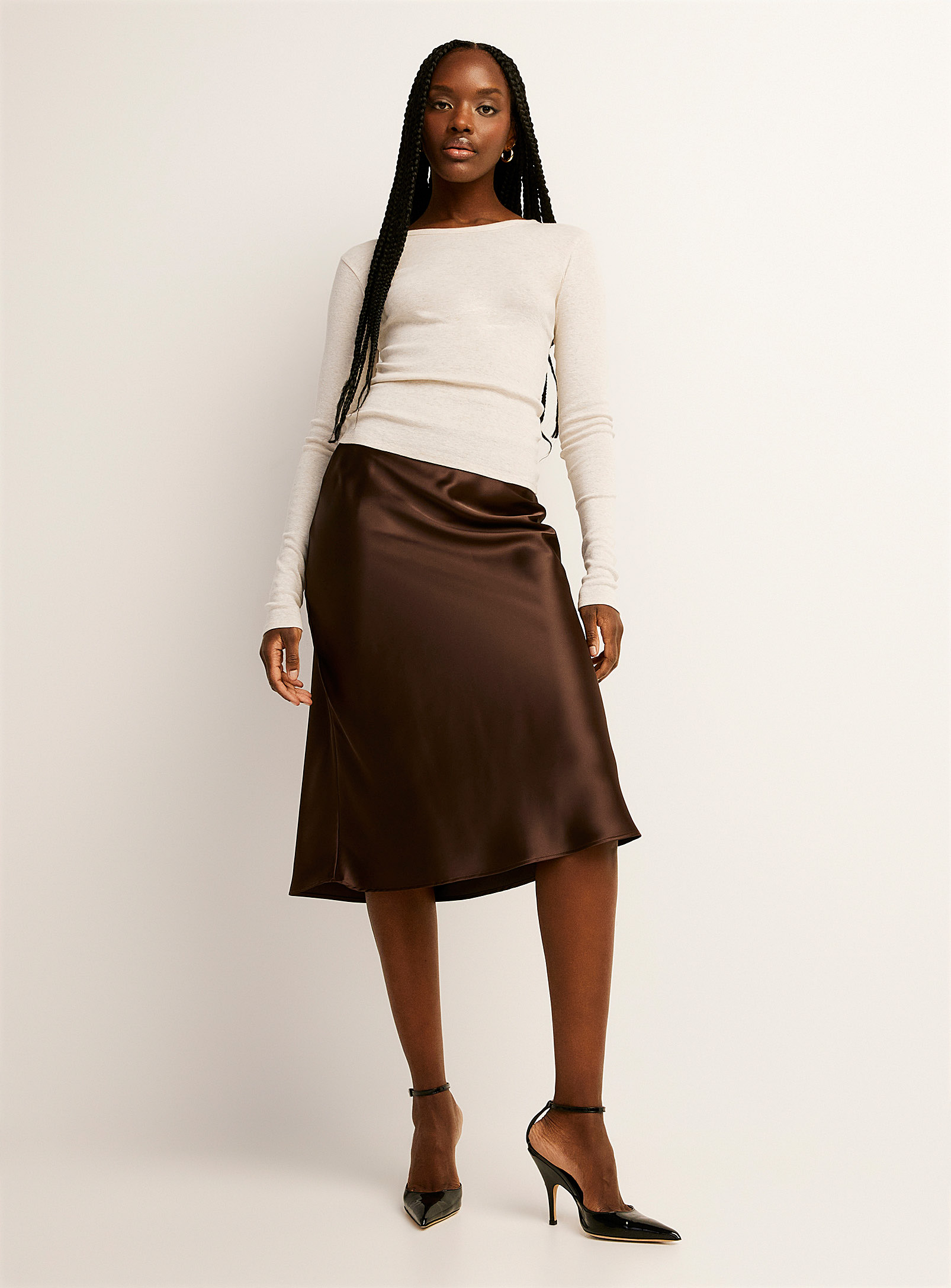 Icone Midi Satiny Skirt In Brown