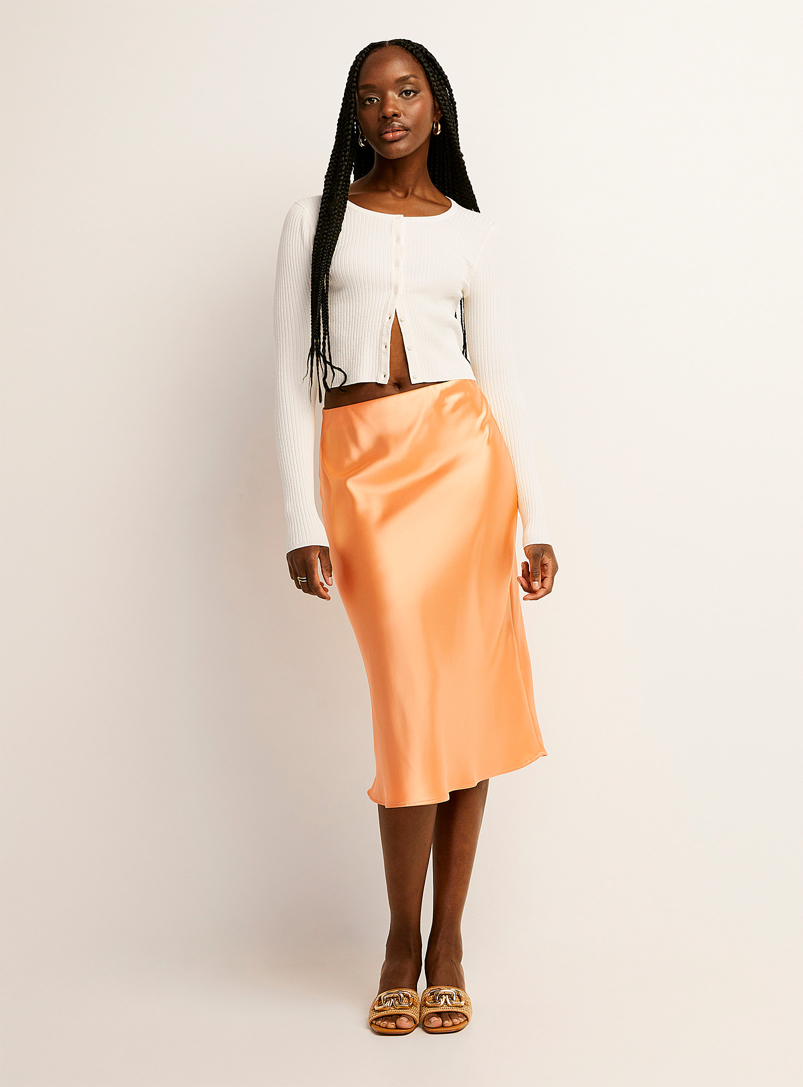 Icone Midi Satiny Skirt In Coral Orange