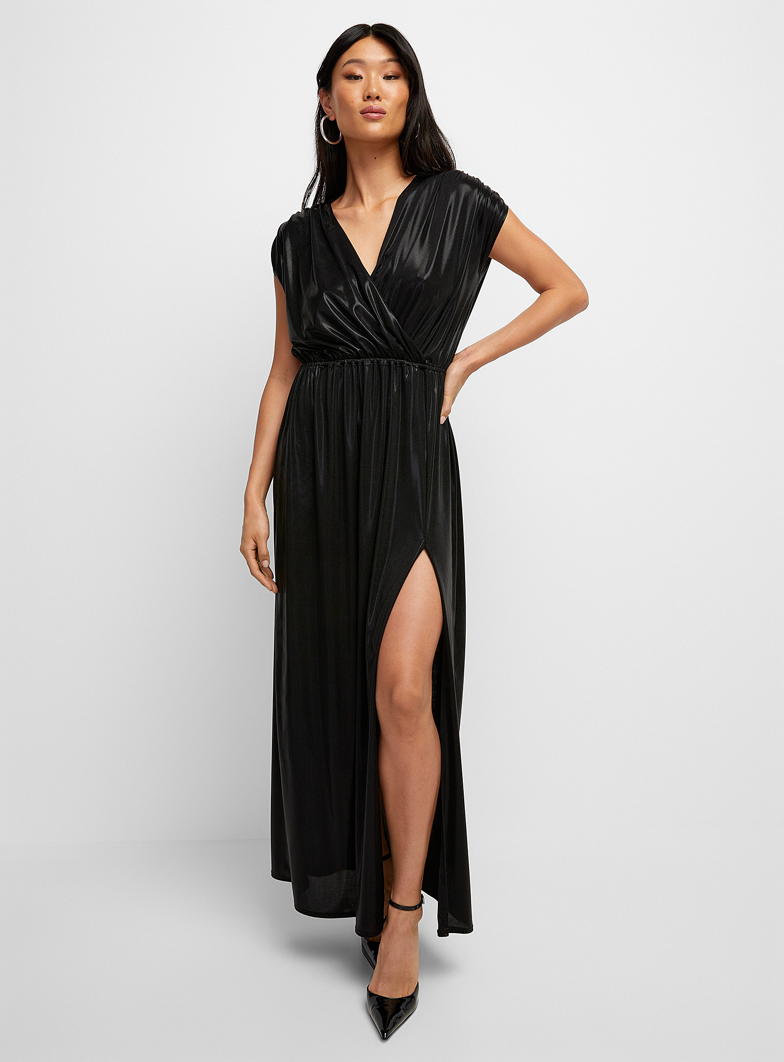 Icone Gathered Shoulders Maxi Shimmering Dress In Black