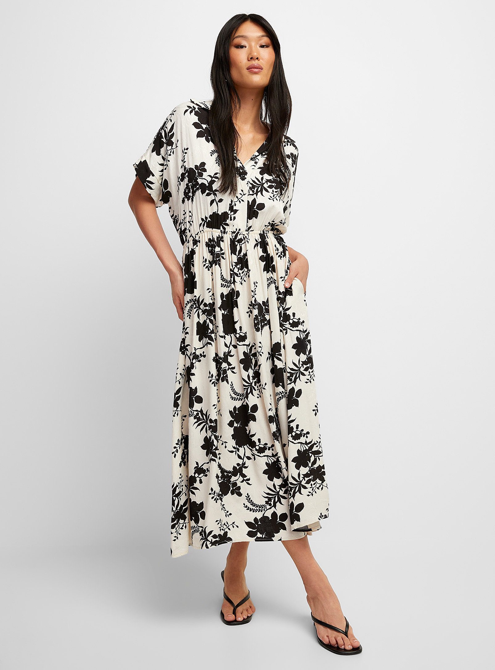 Icone Floral Jacquard Johnny-collar Midi Dress In Black And White