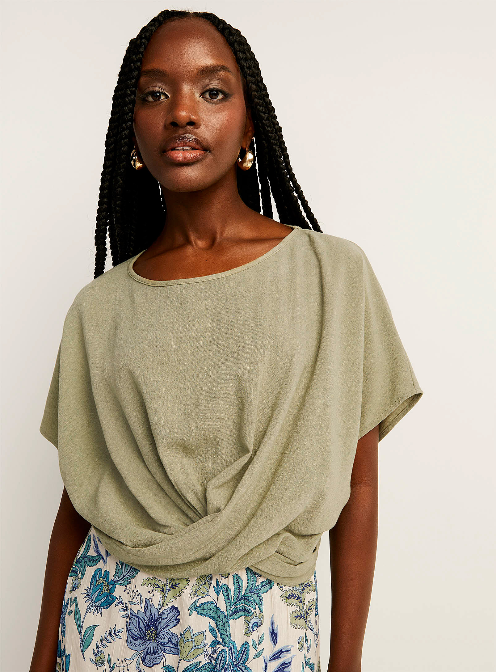 Icone Touch Of Linen Crossover Blouse In Khaki/sage/olive