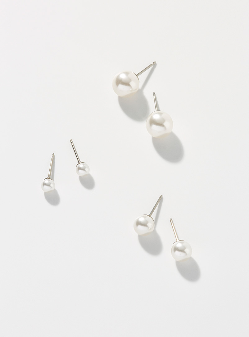 Simons White Pearly Swarovski bead earrings Set of 3 for women