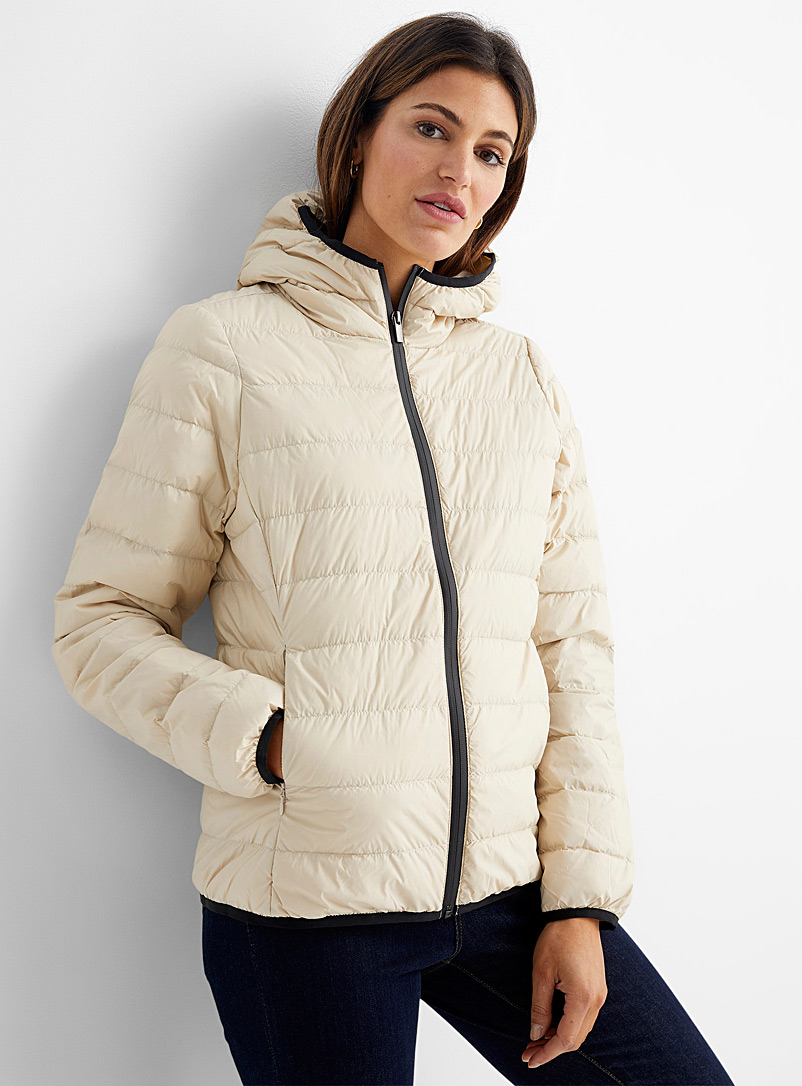 Contemporaine Cream Beige Recycled nylon hooded puffer jacket for women