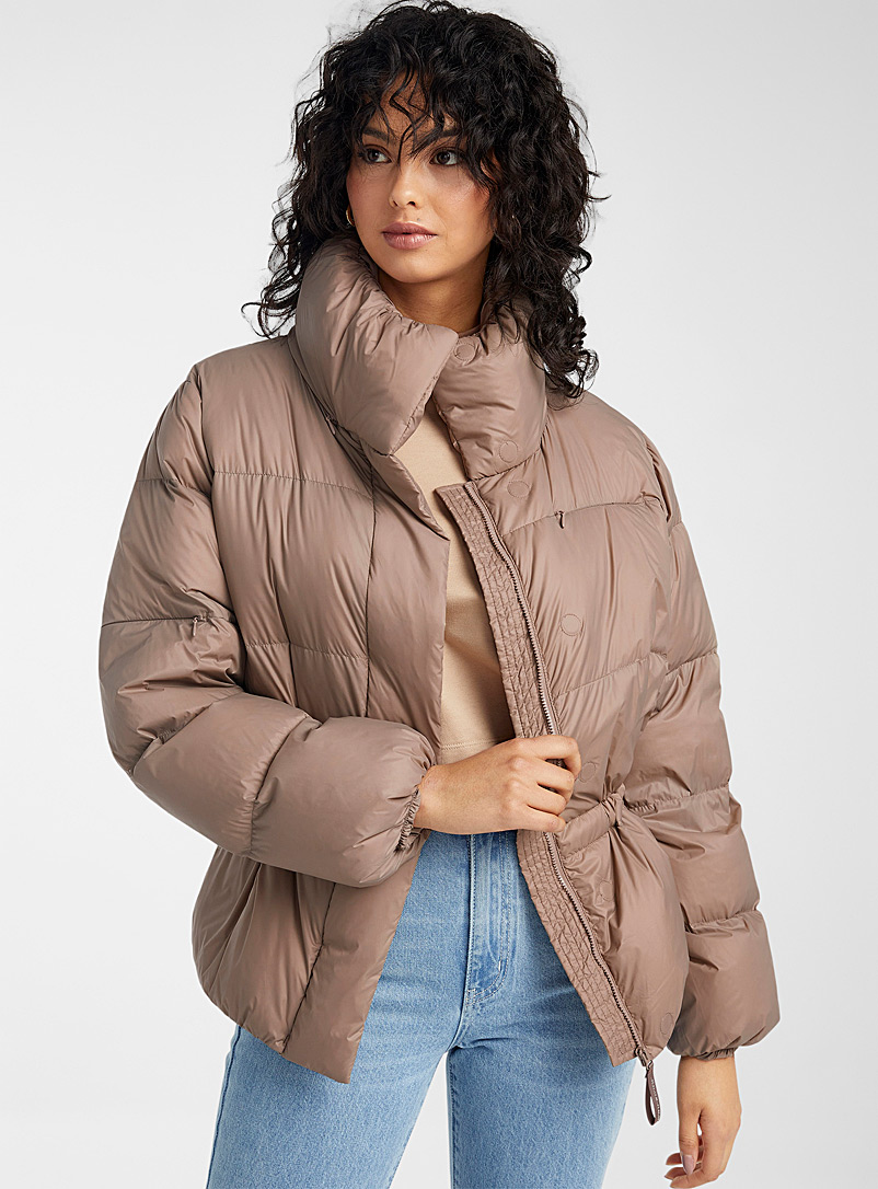 Icône Light Brown Recycled nylon mock-neck puffer jacket for women