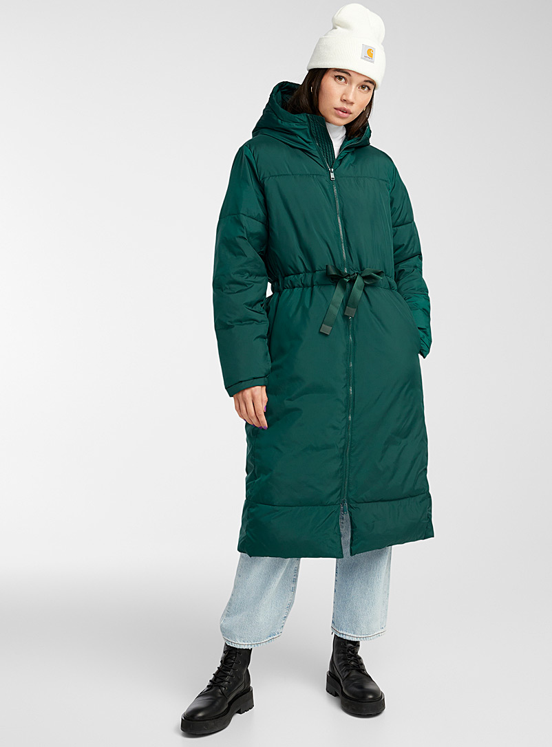 Twik Mossy Green Adjustable-waist long puffer coat for women