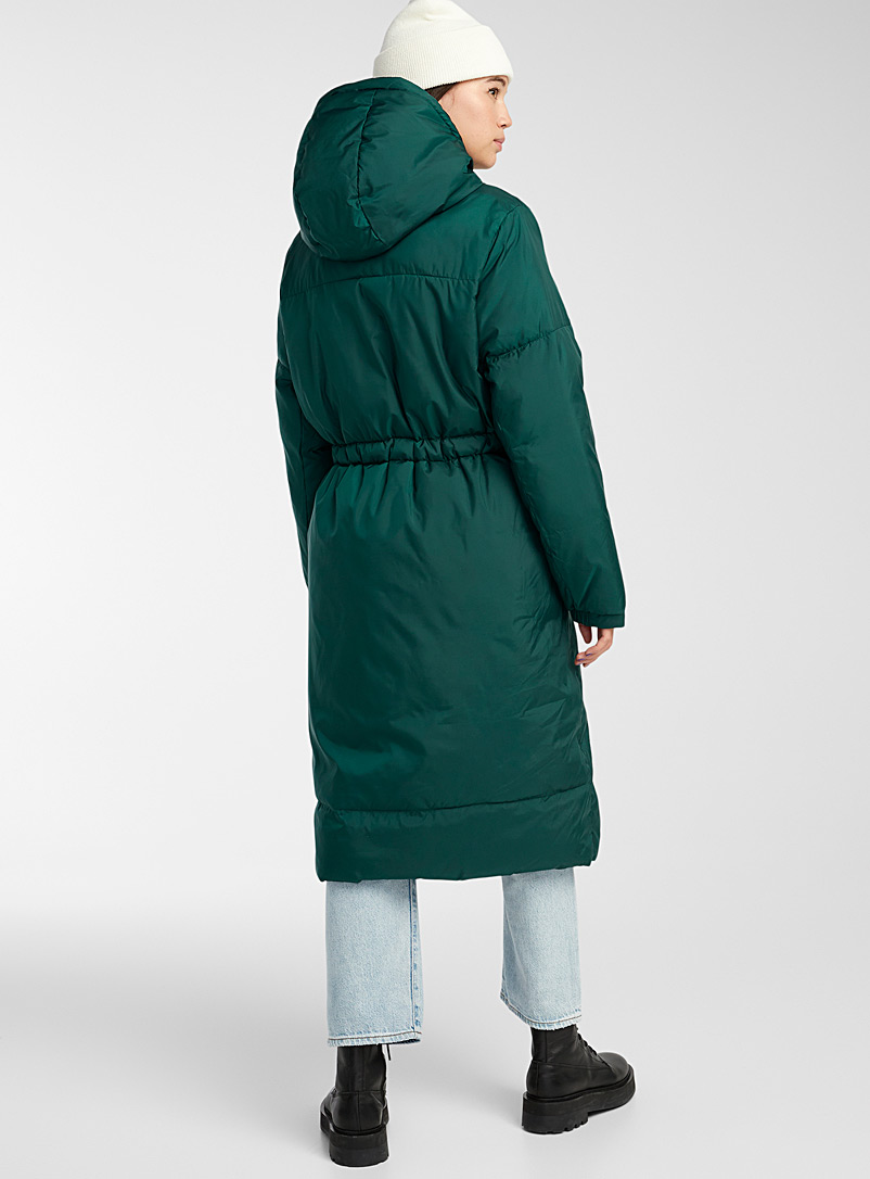 Twik Mossy Green Adjustable-waist long puffer coat for women