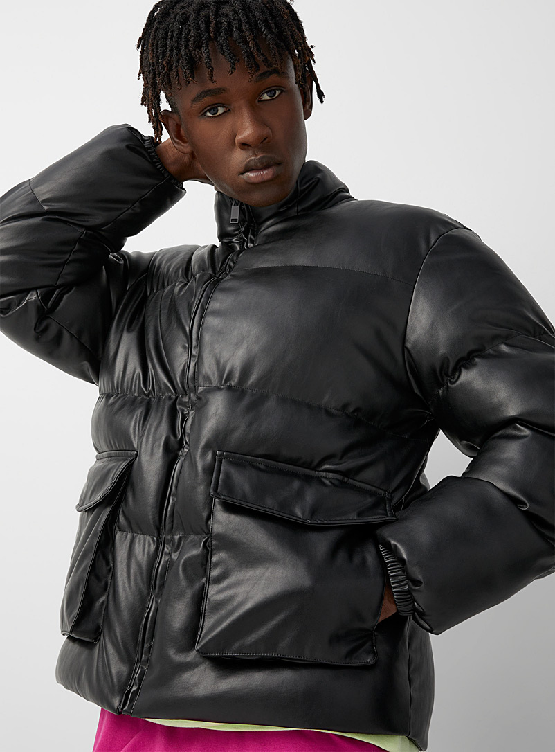 Djab Black Faux-leather puffer jacket for men