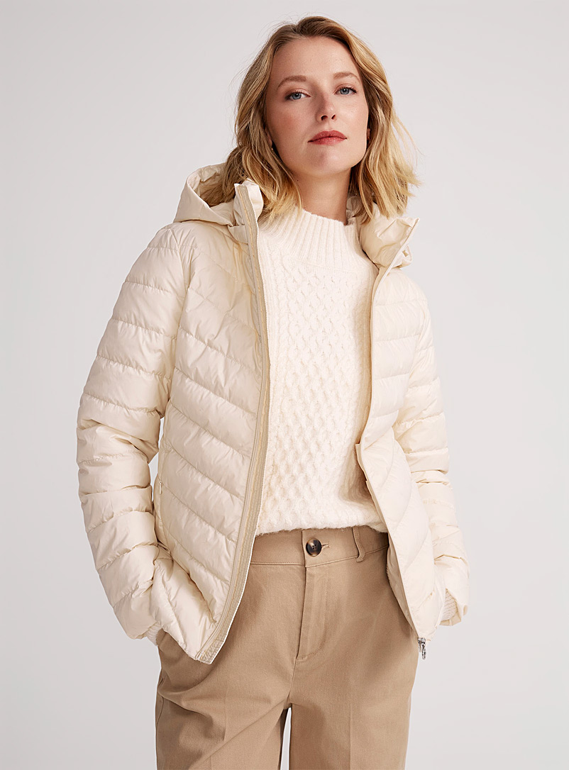 Contemporaine Cream Beige Packable hooded puffer jacket for women