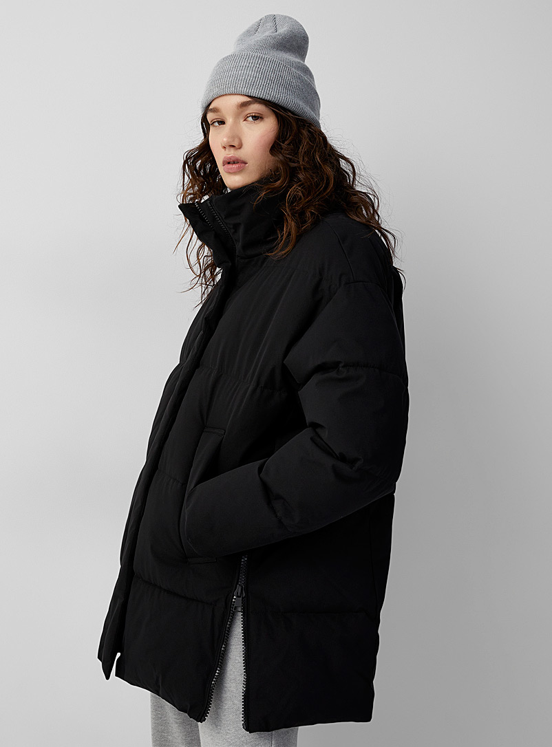 Twik Black Side-zip stand-collar puffer jacket for women