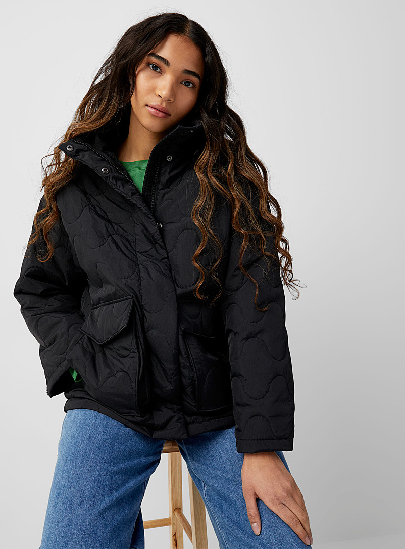 Twik Black Large patch pocket wavy puffer jacket for women