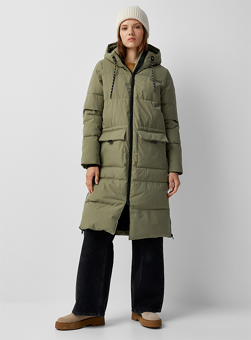 Twik Khaki Long recycled polyester quilted parka for women