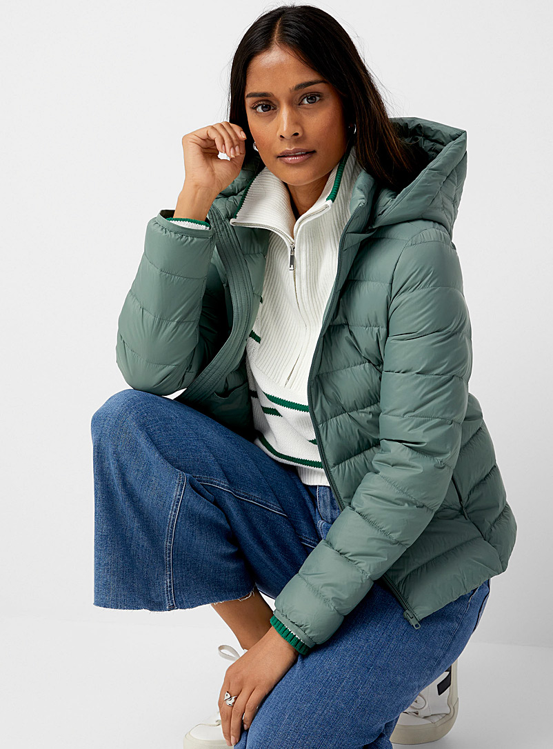 Contemporaine Mossy Green Packable hooded puffer jacket for women