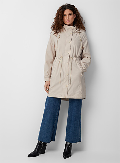 Contemporaine Cream Beige Drawstring-waist stretch raincoat for women