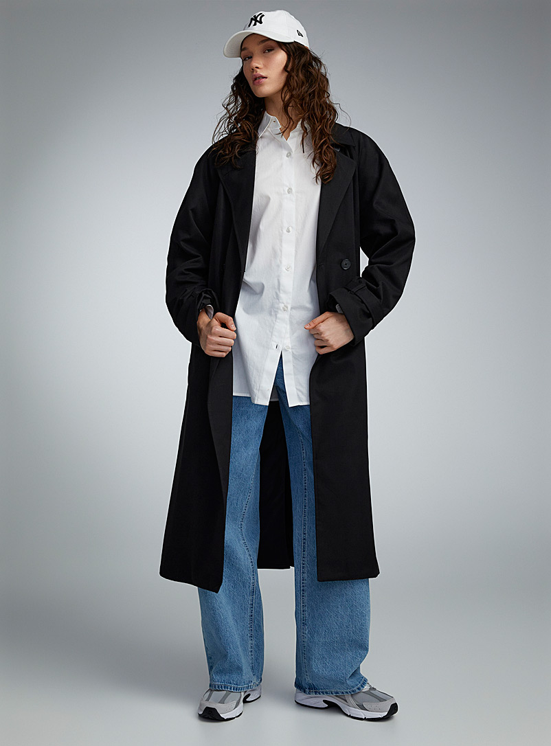 Twik Black Belted long soft twill trench coat for women