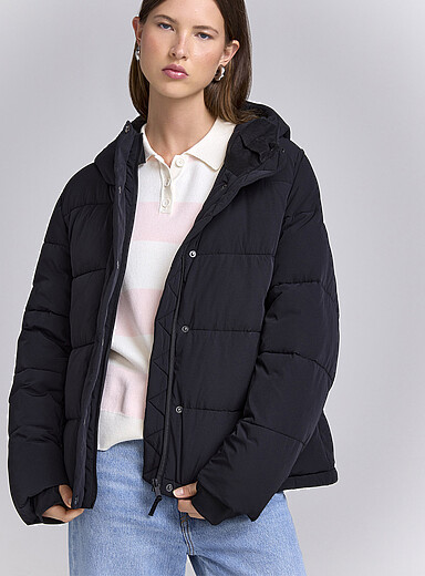 Twik Black Soft nylon cropped puffer jacket for women