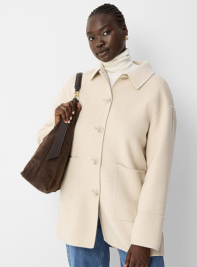 Contemporaine: La veste feutr&eacute;e col chemise laine retransform&eacute;e Ivoire - Beige cr&egrave;me pour femme