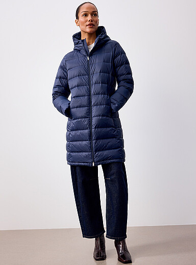Simons: Le manteau mi-long nylon retransform&eacute; Bleu marine - Bleu nuit pour femme