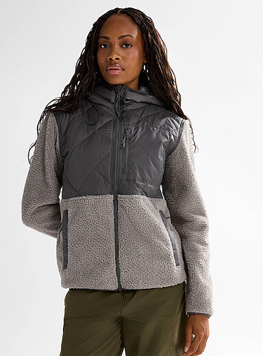 Quilted and boucl&eacute; polar fleece hooded jacket