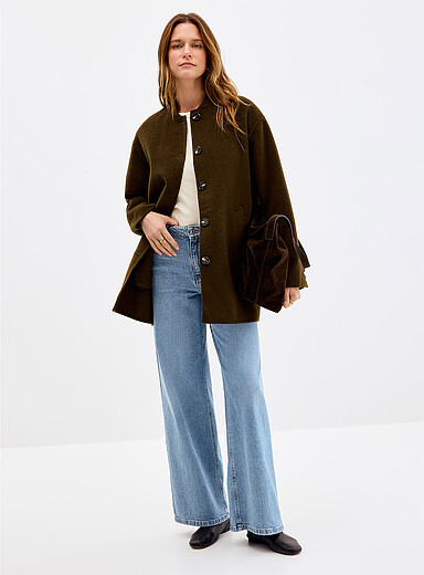 Contemporaine: Le manteaux mi-long feutr&eacute; laine retransform&eacute;e Taupe pour femme