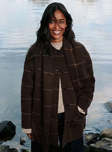 Mid-length felted reprocessed wool coat with scarf