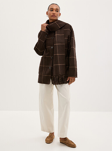 Contemporaine Patterned Brown Reprocessed wool scarf felted mid-length coat for women