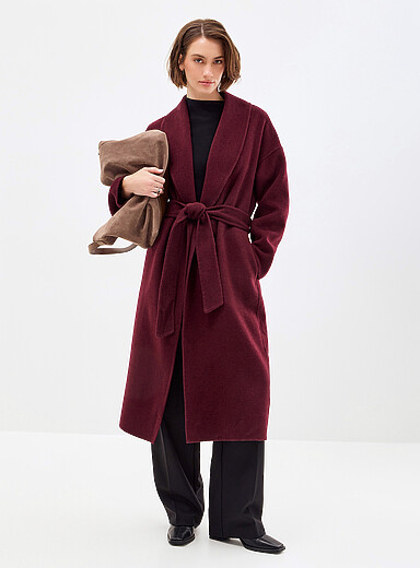 Simons Burgundy Belted mixed wool felted overcoat for women