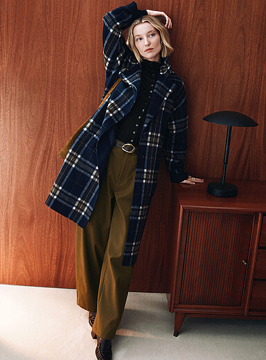 Contemporaine Patterned Blue Double-button oversized recycled wool overcoat for women