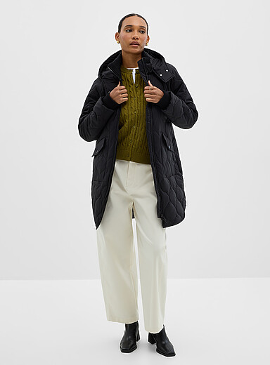 Ribbed trim removable hood quilted mid-length coat