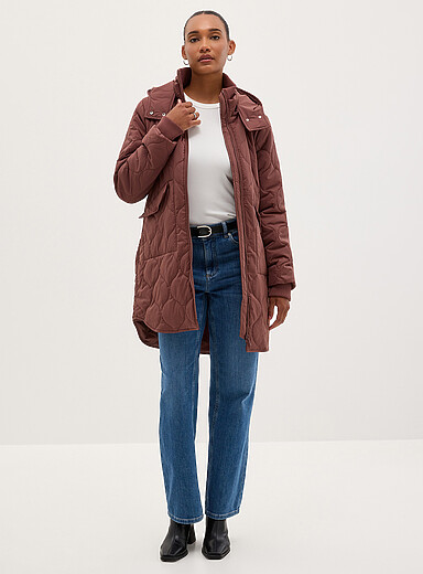 Ribbed trim removable hood quilted mid-length coat