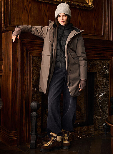 Simons Taupe Mid-length removable quilted bib coat for women
