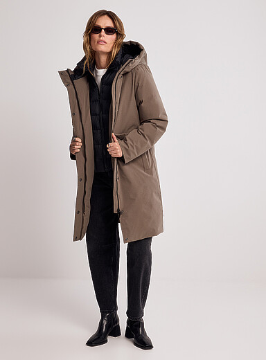 Contemporaine Taupe Removable quilted bib mid-length coat for women