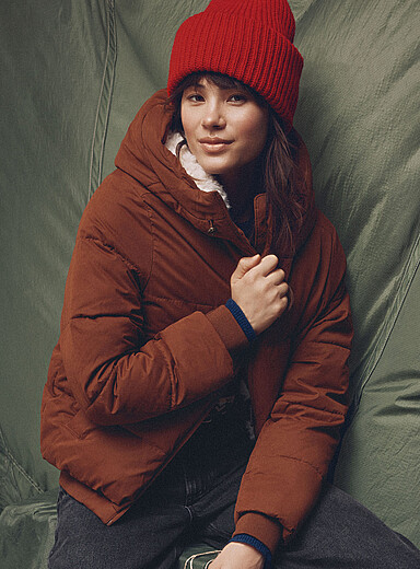 Twik Hazelnut Faux-fur lined peachskin puffer jacket for women