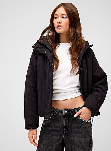 Twik Black Peachskin cropped puffer jacket for women