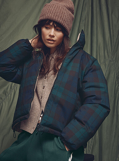 Twik Patterned Navy Cropped reversible plaid/solid puffer coat for women