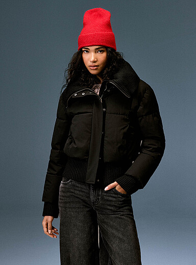 Twik Black Ribbed trim cropped puffer jacket for women