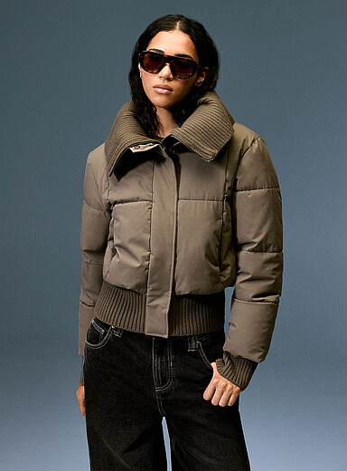 Twik Khaki/Sage/Olive Ribbed trim cropped puffer jacket for women