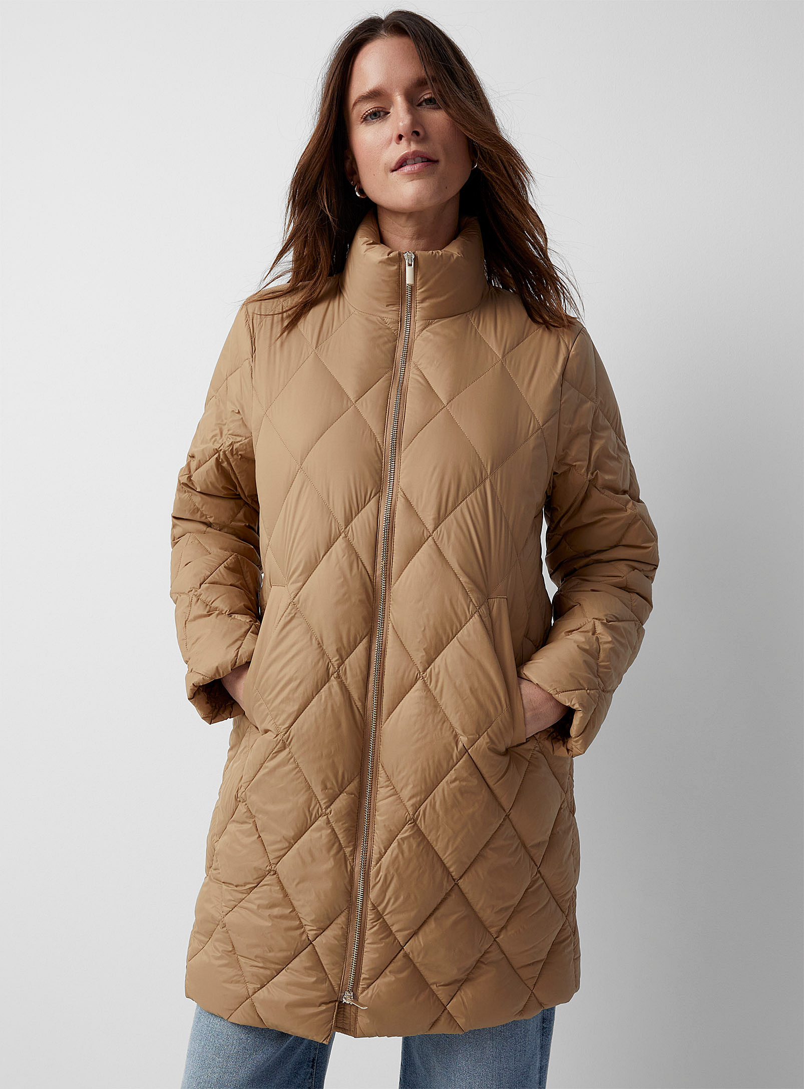 Contemporaine Quilted Diamonds Lightweight 3/4 Jacket In Fawn