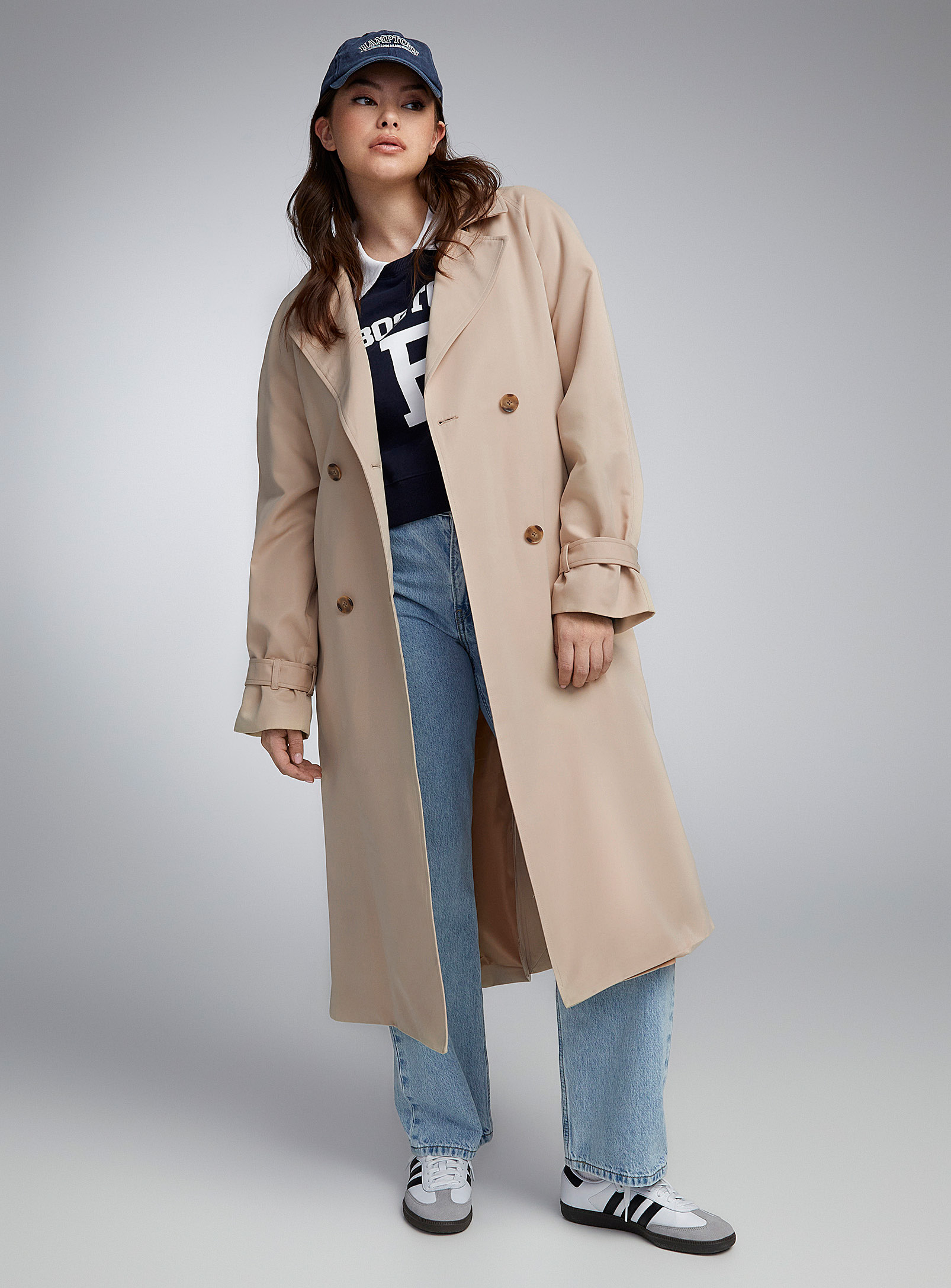 Twik Belted Long Soft Twill Trench Coat In Cream Beige