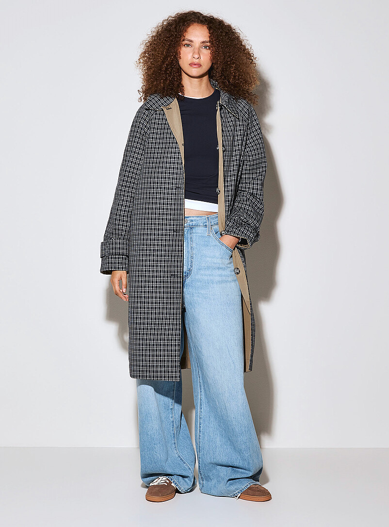Checkered And Plain Reversible Trench Coat
