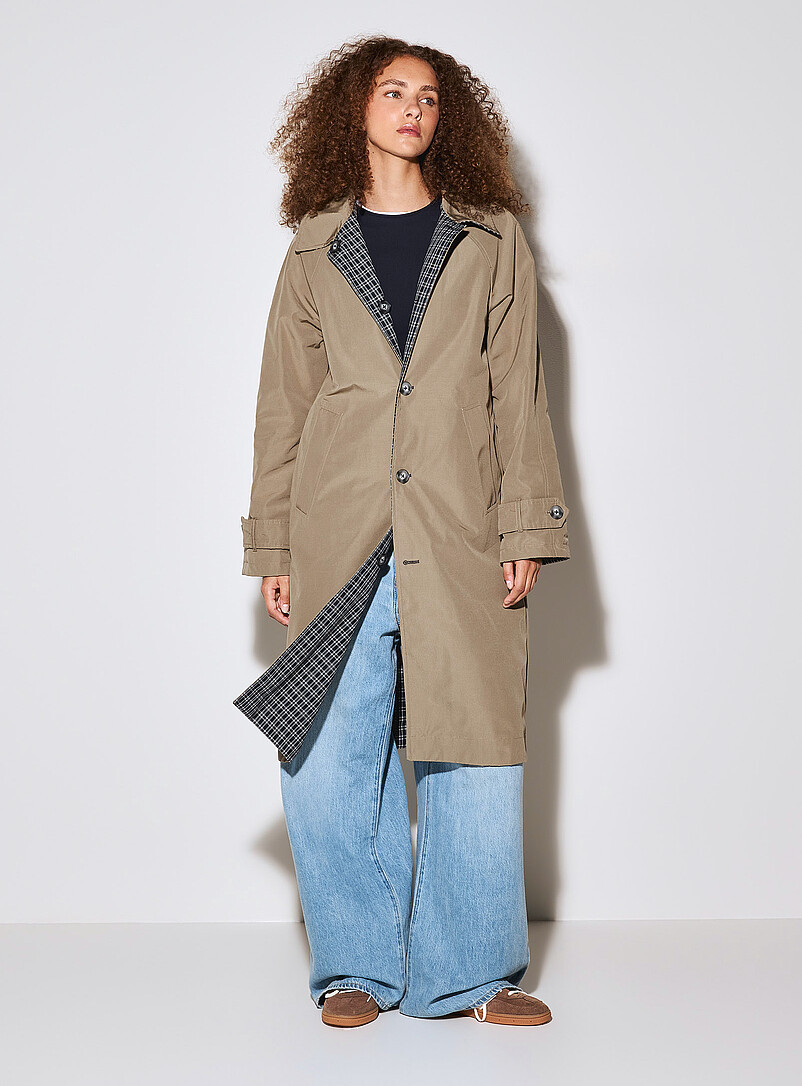 Checkered and plain reversible trench coat product image 3