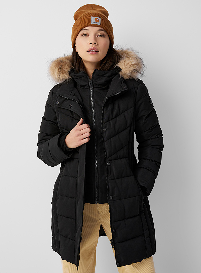 Point Zero Black Faux-fur hood puffer jacket for women