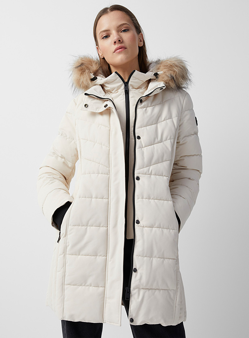 Point Zero Cream Beige Faux-fur hood puffer jacket for women