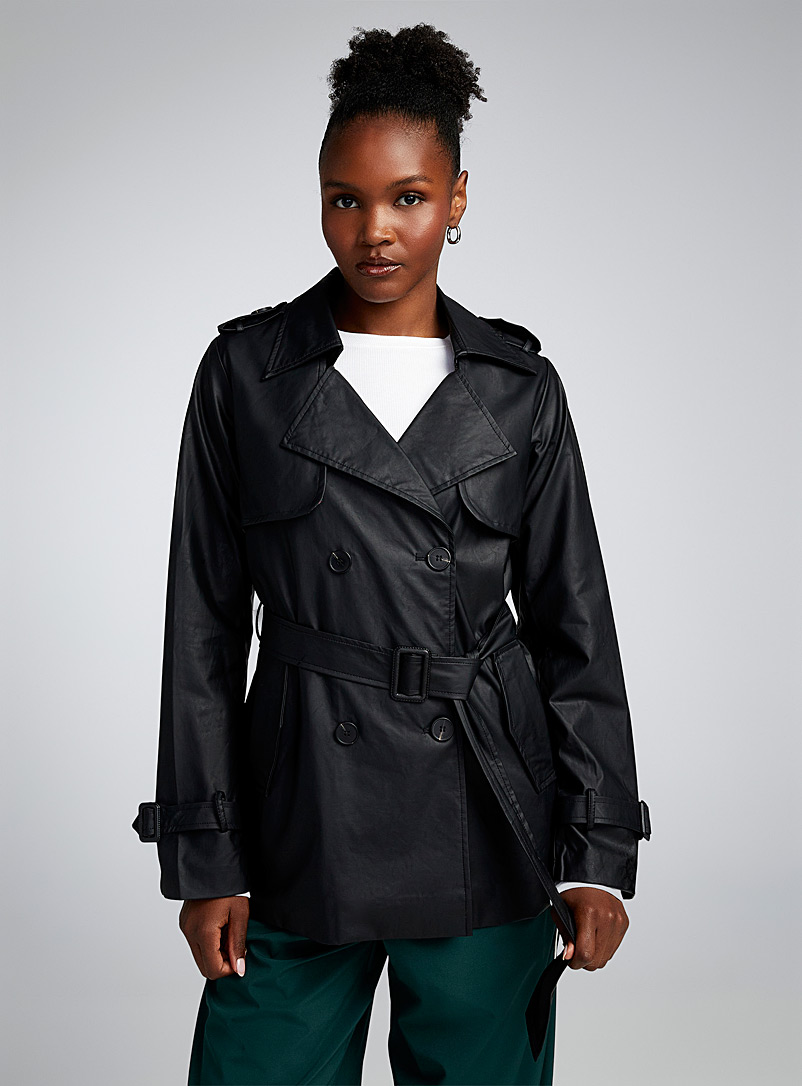 Twik Black Faux-leather cropped trench coat for women